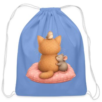 Cat, mouse, and bird on a cushion Cat motif - Cotton Drawstring Bag - carolina blue - Front
