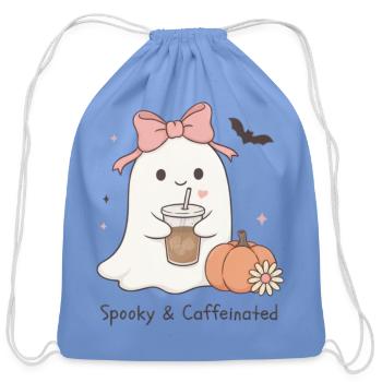 Spooky & Caféiné – Café fantôme Pink Bow mignon - Sac à cordon en coton - bleu caroline - Devant