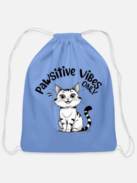 Pawsitive Vibes Only Cute Cat - Cotton Drawstring Bag - carolina blue