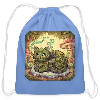 Leafy Forest Cat in Mushroom Glade - Cotton Drawstring Bag - carolina blue - Front