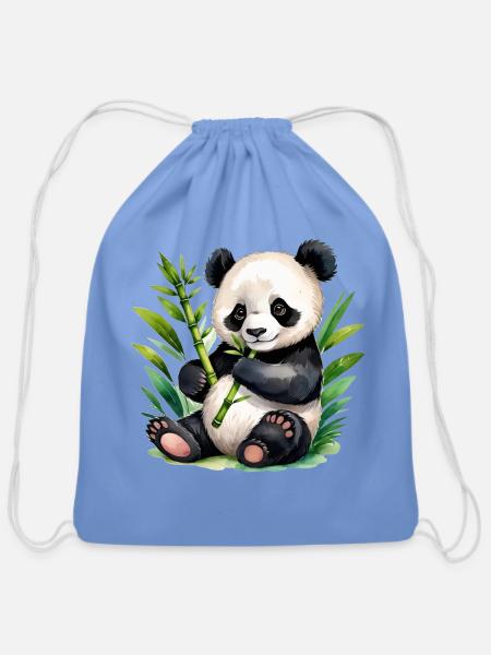 Watercolor Panda Bear with Bamboo - Cotton Drawstring Bag - carolina blue