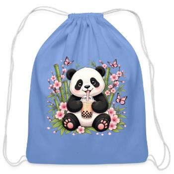Panda Bubble Tea in Blossom Garden - Cotton Drawstring Bag - carolina blue - Front