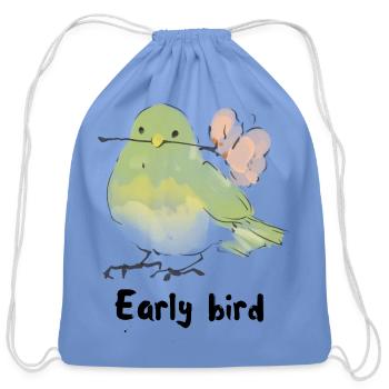 Watercolor Green Bird with Peach Tail early bird - Cotton Drawstring Bag - carolina blue - Front