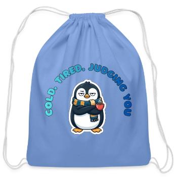 Cozy Grumpy Penguin With Mug - Cotton Drawstring Bag - carolina blue - Front