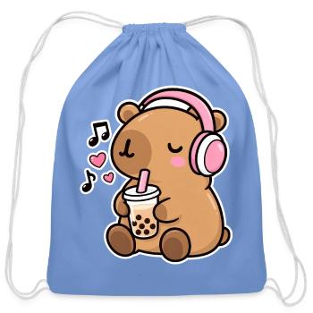 Bubble Tea Bear with Headphones - Cotton Drawstring Bag - carolina blue - Front