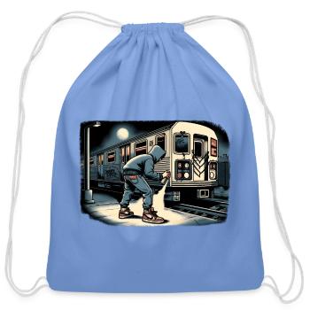 AI Teen in Outdoor Subway Yard with Grunge Border - Cotton Drawstring Bag - carolina blue - Front