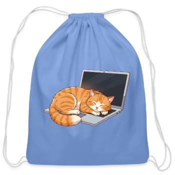 Cozy Tabby on Laptop - Cotton Drawstring Bag - carolina blue - Front