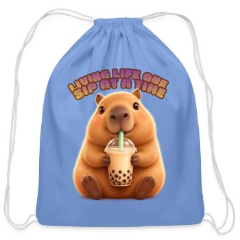 Sip Life Capybara Bubble Tea - Cotton Drawstring Bag - carolina blue - Front