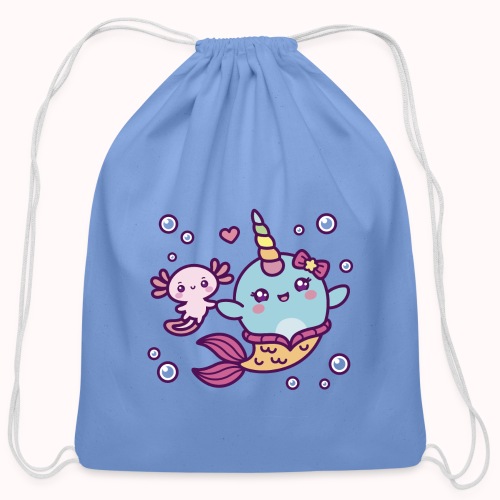 Cute Mermaid Unicorn Whale With Little Axolotl - Cotton Drawstring Bag