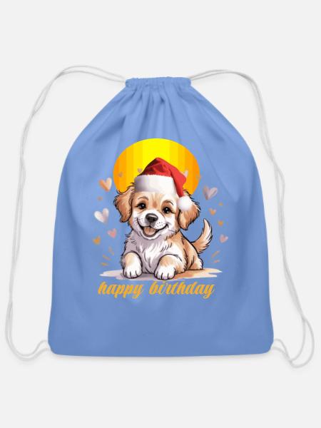 Puppy Santa Birthday Cheer - Cotton Drawstring Bag - carolina blue