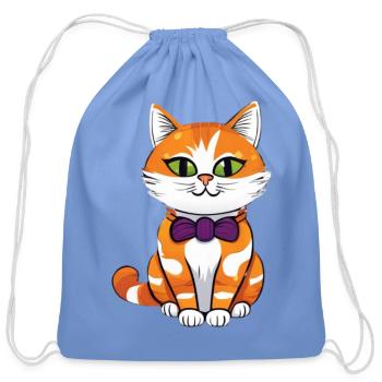 Orange Cat Bowtie Charm - Cotton Drawstring Bag - carolina blue - Front