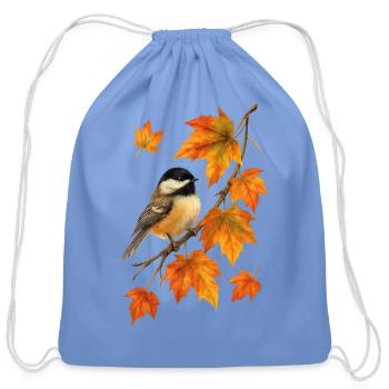 Autumn Chickadee Bird on Maple Leaves Fall Color - Cotton Drawstring Bag - carolina blue - Front