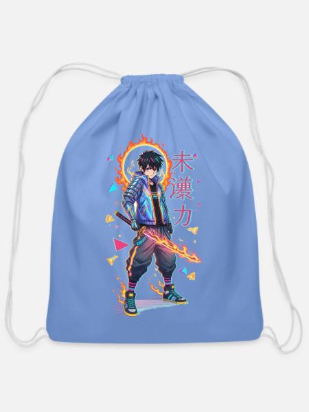 Neon Flame Samurai Hero - Cotton Drawstring Bag - carolina blue