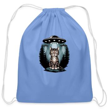 Funny Cat With UFOs - Cotton Drawstring Bag - carolina blue - Front