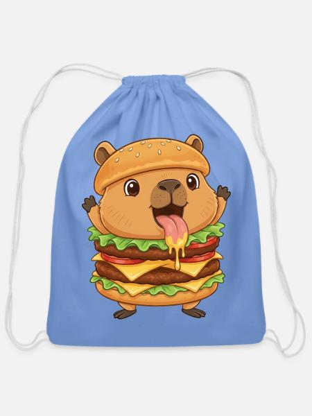 Funny capybara cartoon fast food burger costume - Cotton Drawstring Bag - carolina blue