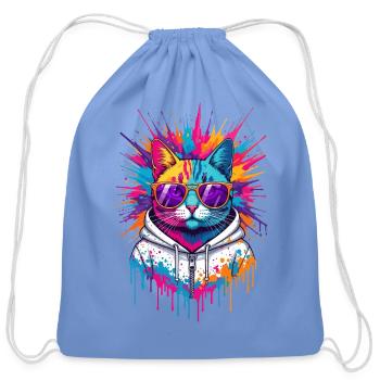 Neon Splash Cat Hoodie - Cotton Drawstring Bag - carolina blue - Front