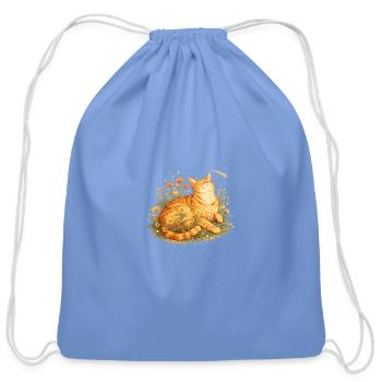 Cute Orange Tabby Cat Sleeping in Sunflower Garden - Cotton Drawstring Bag - carolina blue - Front
