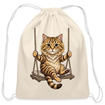 Funny Cute Cat on a Swing Fluffy Tabby Kitty Relax - Cotton Drawstring Bag - natural - Front