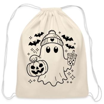 Cute Halloween Ghost with Pumpkin & Bubble Tea  - Cotton Drawstring Bag - natural - Front