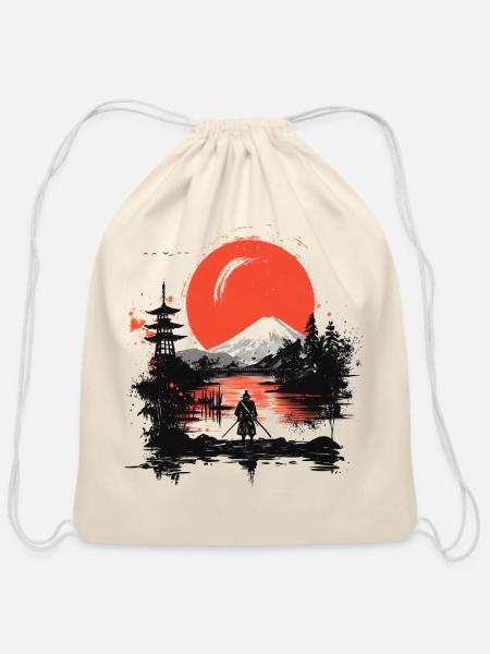 Samurai at Sunset Fuji Lake - Cotton Drawstring Bag - natural
