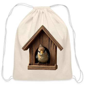 Birdhouse Cutie in Wood Charm - Cotton Drawstring Bag - natural - Front