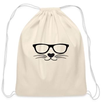 Cat face - cat wearing glasses - Cotton Drawstring Bag - natural - Front