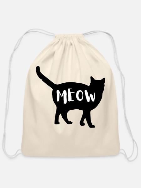 Black Cat Meow - Cotton Drawstring Bag - natural