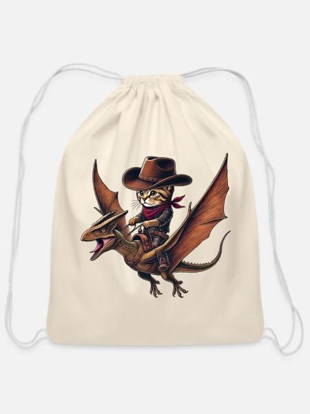 Majestic Flight: A Cowboy Cat Riding a Pterodacty - Cotton Drawstring Bag - natural