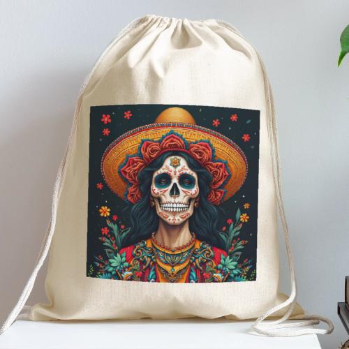 Charra Skull Art | Traditional Mexican Design - Cotton Drawstring Bag