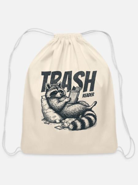 Trash Reader Funny Raccoon Bookworm Retro - Cotton Drawstring Bag - natural