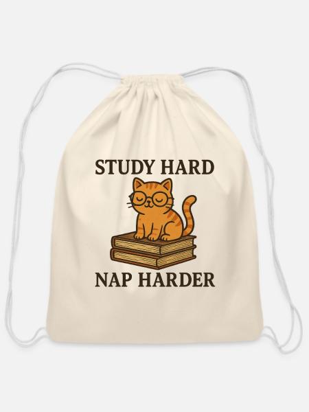 Study Hard Nap Harder Cat - Cotton Drawstring Bag - natural