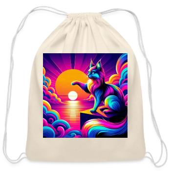 Neon Sunset Cat on Prism Peak - Cotton Drawstring Bag - natural - Front
