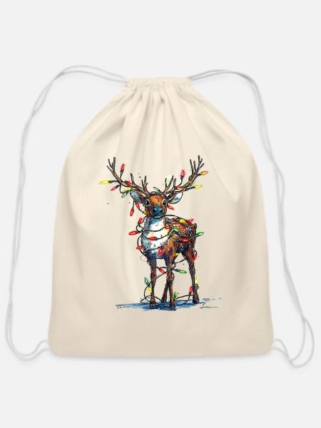 Reindeer with Christmas Lights - Cotton Drawstring Bag - natural