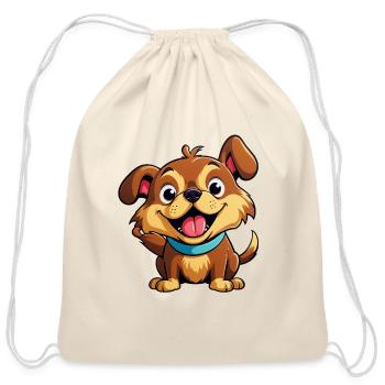Cheerful Cartoon Puppy with Blue Collar - Cotton Drawstring Bag - natural - Front