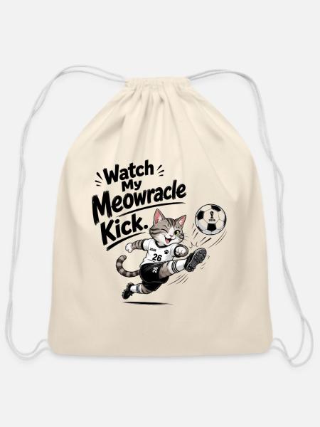 Meowrade Kick Soccer Cat - Cotton Drawstring Bag - natural