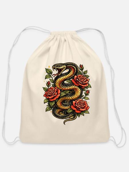 Snake and Rose Tapestry - Cotton Drawstring Bag - natural