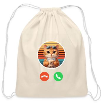 Cute Orange Boba Cat Bubble Tea Gift - Cotton Drawstring Bag - natural - Front