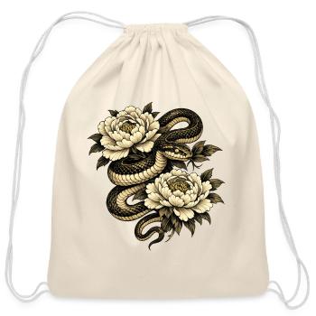 Gold-ink Snake Wrapped Around Peonies - Cotton Drawstring Bag - natural - Front