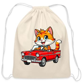 Cute Orange Tabby Cat Driving a Red Vintage Conver - Cotton Drawstring Bag - natural - Front