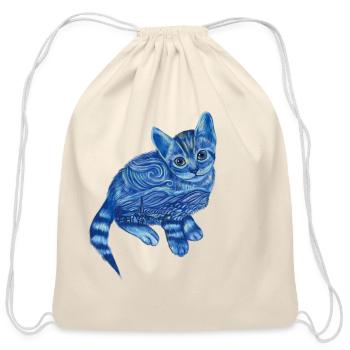 Blue Van Gogh Starry Night Bengal Cat Illustration - Cotton Drawstring Bag - natural - Front