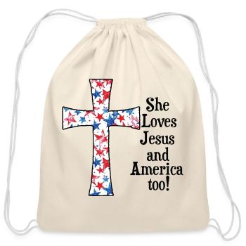 Patriotic Cross with Red White and Blue Stars - Cotton Drawstring Bag - natural - Front