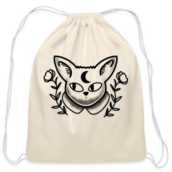 Tattoo Cat Face Moon And Florals - Cotton Drawstring Bag - natural - Front