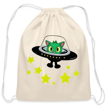 Cat Alien In UFO With Stars - Cotton Drawstring Bag - natural - Front