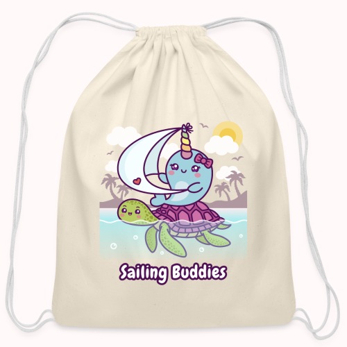 Sailing Buddies - Cute Narwhal Sails On Sea Turtle - Cotton Drawstring Bag