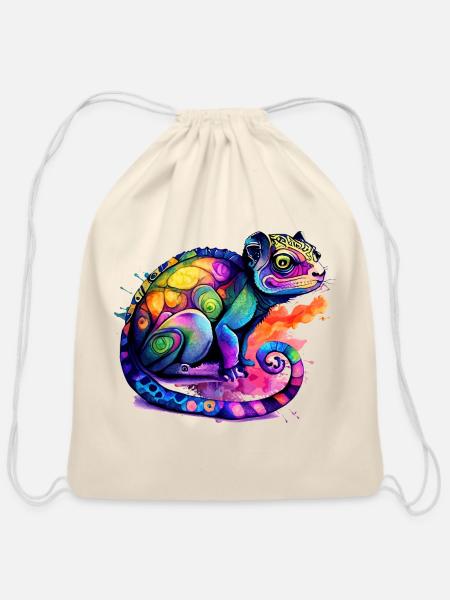 Rainbow Watercolor Chameleon - Cotton Drawstring Bag - natural