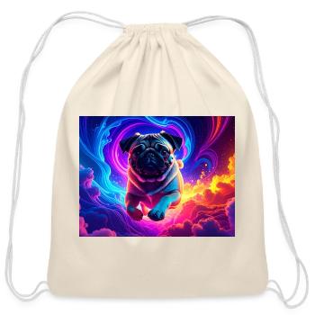Colorful Pug Surrounded by Neon Swirls - Cotton Drawstring Bag - natural - Front