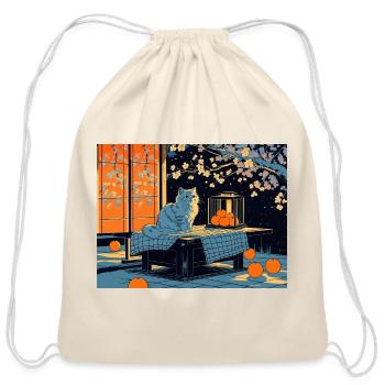 Blue Cat Lantern Night Garden - Cotton Drawstring Bag - natural - Front