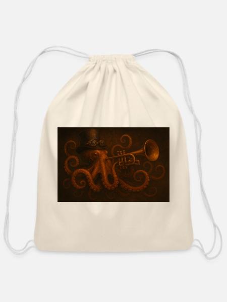 Steampunk Octopus Trumpet Serenade - Cotton Drawstring Bag - natural