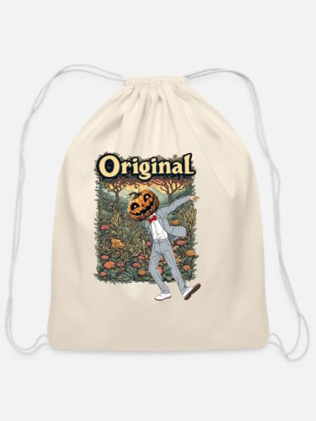 Pumpkin Head Dance in Autumn Garden - Cotton Drawstring Bag - natural