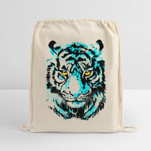 Artistic Tiger Head Portrait Drawing - Turquoise - Cotton Drawstring Bag